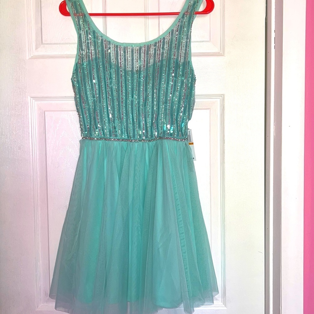 As U Wish Aqua Sequin Tulle Prom Dress Size 7